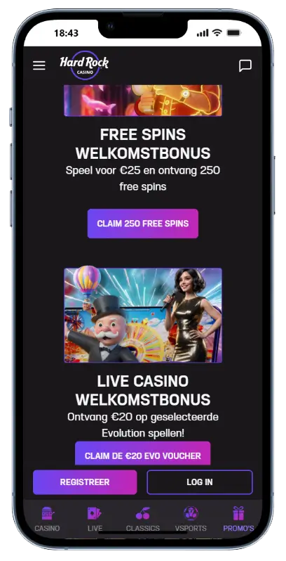 Mobiele pagina van Hard Rock Casino met twee welkomstbonussen: 250 free spins bij inzet van €25 en een live casino voucher van €20 voor geselecteerde Evolution spellen, met paarse claimknoppen