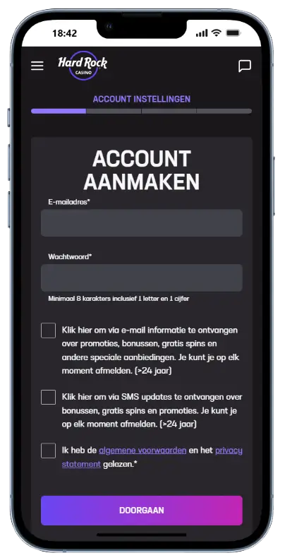 Registratiescherm van Hard Rock Casino op mobiel met invoervelden voor e-mailadres en wachtwoord, drie selectievakjes voor marketingtoestemming en algemene voorwaarden, en een paarse Doorgaan-knop onderaan